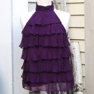 Kenar Plum Silk Ruffled High Halter Neck Keyhole Back Sleeveless Lined Top Sz M